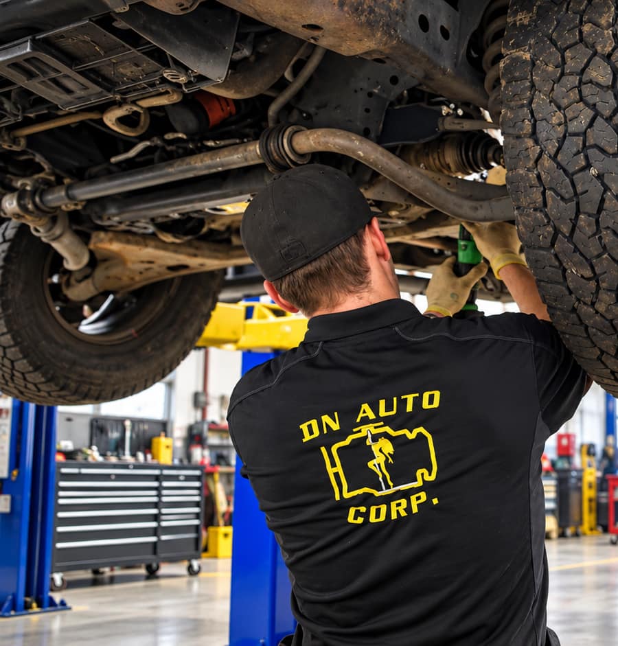 A DN Auto Corp. technician in a branded shirt working on the front suspension of a truck raised on the hoist